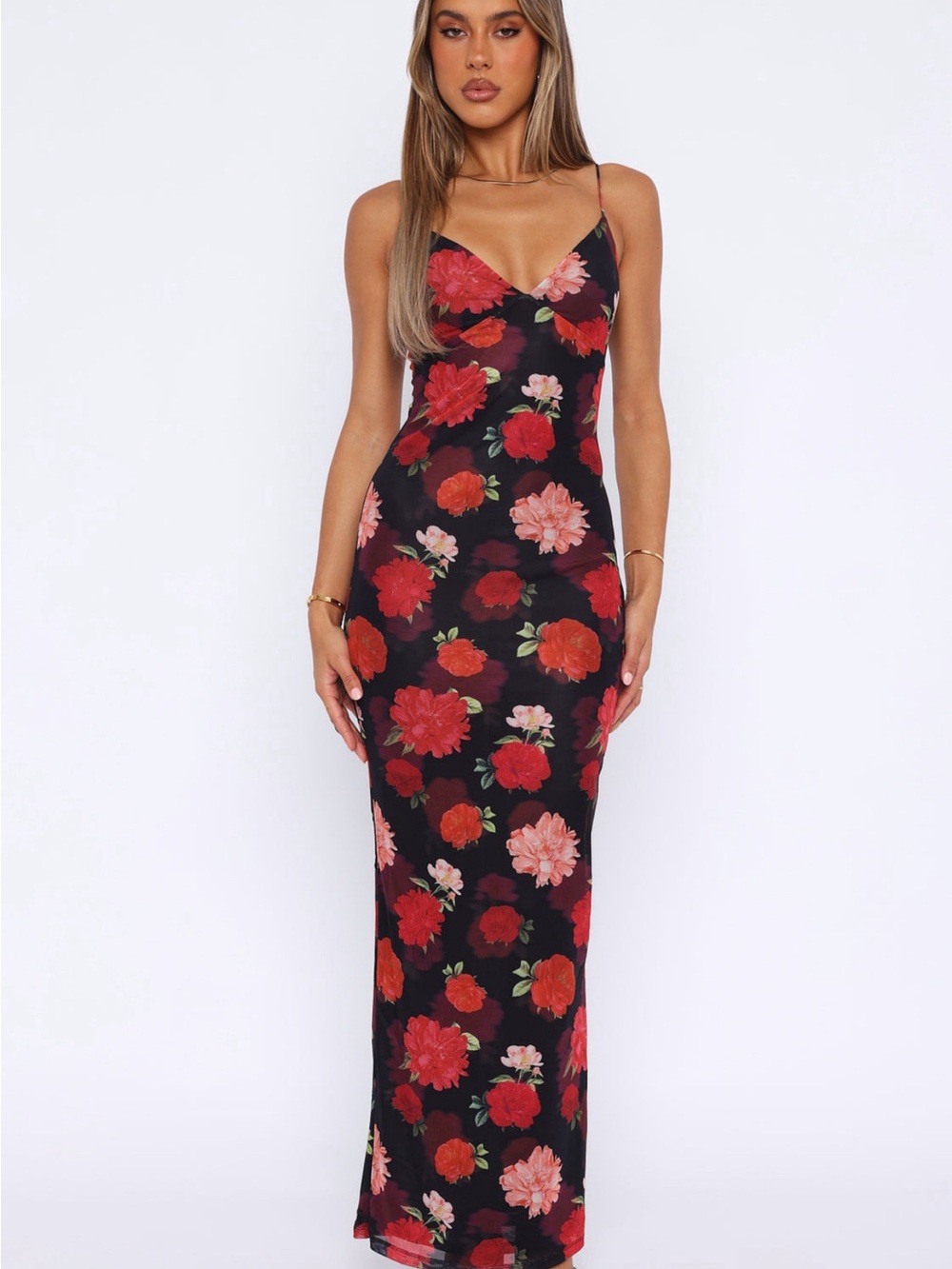White Fox Boutique Black Floral Slip Maxi Dress with Red & Pink Blooms